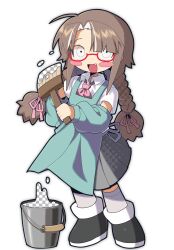 Rule 34 | 1girl, ahoge, apron, blush stickers, braid, brown hair, bucket, clear (kokum0tsu), detached sleeves, fang, female focus, full body, glasses, holding, holding paintbrush, humanization, kokum0tsu, long hair, looking at viewer, looking to the side, multicolored hair, open mouth, original, paint bucket, paintbrush, side ahoge, skirt, solo, transparent, twin braids, white background, white eyes, white hair