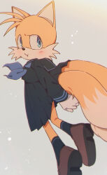 Rule 34 | 1boy, :t, alternate costume, animal ears, animal nose, arms behind back, banri 0917, black serafuku, black shirt, black skirt, black socks, blue eyes, blue neckerchief, blush, body fur, brown footwear, closed mouth, commentary request, crossdressing, fox boy, fox ears, fox tail, full body, furry, furry male, gloves, grey background, highres, korean commentary, long sleeves, looking to the side, male focus, multiple tails, neckerchief, pleated skirt, school uniform, serafuku, shirt, shoes, simple background, skirt, socks, solo, sonic (series), tail, tails (sonic), two tails, white gloves