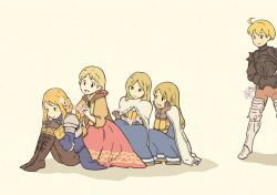 Rule 34 | 1boy, :/, :d, agrias oaks, ahoge, alicia (fft), alma beoulve, annoyed, armor, armored boots, aruma (shinrabanshou), bad id, bad pixiv id, beige background, blonde hair, boots, bouquet, braid, breastplate, breasts, brown gloves, cape, final fantasy, final fantasy tactics, flower, gauntlets, gloves, hairdressing, head rest, holding, holding behind back, kappe, knee boots, knight, lavian, long hair, multiple girls, open mouth, ramza beoulve, shoulder pads, simple background, single braid, smile, stamp, thigh boots, thighhighs, yellow background