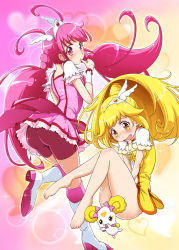 Rule 34 | 10s, 2girls, antenna hair, ass, barefoot, bike shorts, blonde hair, blush, boots, bow, bowtie, brooch, candy (smile precure!), censored, convenient censoring, creature, cure happy, cure peace, dress, feet, full body, gradient background, hair flaps, head wings, hoshizora miyuki, jewelry, kise yayoi, knee boots, long hair, looking back, magical girl, moupii (hitsuji no ki), multiple girls, pink background, pink bow, pink dress, pink eyes, pink hair, pink shorts, pink skirt, precure, shorts, shorts under skirt, skirt, smile precure!, tiara, twintails, wings, yellow background, yellow dress, yellow eyes, yellow skirt