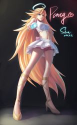 Rule 34 | 1girl, absurdres, artist name, blonde hair, blue eyes, breasts, character name, dated, high heels, highres, large breasts, long hair, looking at viewer, navel, panty &amp; stocking with garterbelt, panty (psg), parted lips, shon, signature, skirt, smile, solo, very long hair, white skirt