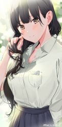 Rule 34 | 1girl, black hair, black skirt, blurry, blurry background, blush, boku no kokoro no yabai yatsu, breast pocket, brown eyes, closed mouth, collared shirt, commentary request, dated, depth of field, hand in own hair, hand up, highres, long hair, looking at viewer, name tag, pocket, poligon (046), school uniform, shirt, signature, skirt, smile, solo, twitter username, upper body, white shirt, wing collar, yamada anna