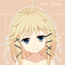 Rule 34 | 1girl, bare shoulders, black bullet, blonde hair, blue eyes, character name, hair ornament, hairclip, looking at viewer, smile, solo, tina sprout, upper body, x hair ornament