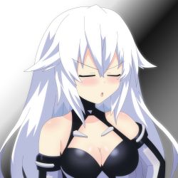 Rule 34 | 1girl, annoyed, bare shoulders, black background, black heart (neptunia), bodysuit, breasts, cleavage, closed eyes, facing viewer, highres, long hair, medium breasts, mirroa1015, neptune (series), noire (neptunia), open mouth, solo, tsundere, upper body, very long hair, vvvtune, white hair