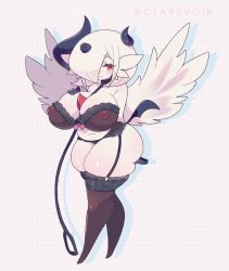 Rule 34 | 1girl, absol, absurdres, aliceyawnin, breasts, cleavage, creatures (company), dotted background, fusion, game freak, gardevoir, garter belt, gen 3 pokemon, highres, lingerie, nintendo, pokemon, pokemon (creature), red eyes, skindentation, solo, thick thighs, thighs, twitter username, underwear, wings