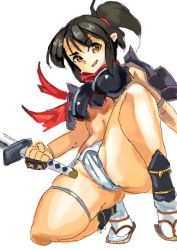 Rule 34 | 10s, 1girl, armor, bare legs, black hair, female focus, fundoshi, izumi (queen&#039;s blade), japanese armor, japanese clothes, looking at viewer, ponytail, queen&#039;s blade, queen&#039;s blade rebellion, shiny skin, smile, sword, weapon