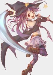 Rule 34 | 1girl, absurdres, arm warmers, belt, black cape, black shirt, boots, brown belt, brown footwear, cape, crop top, detached sleeves, fold-over boots, hat, hat ornament, highres, holding, holding scythe, kannanakan, long hair, looking at viewer, magia record: mahou shoujo madoka magica gaiden, magical girl, mahou shoujo madoka magica, medium hair, miniskirt, misono karin, open mouth, parted bangs, pink ribbon, pleated skirt, print skirt, purple hair, purple thighhighs, red eyes, ribbon, scythe, shirt, simple background, skirt, smile, solo, star (symbol), star hat ornament, star print, striped clothes, striped thighhighs, thighhighs, white skirt, witch hat