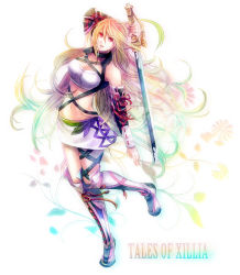 Rule 34 | 1girl, ahoge, arm up, arm warmers, bandeau, blonde hair, boots, copyright name, full body, gradient hair, green hair, knee boots, long hair, midriff, milla maxwell, miniskirt, multicolored hair, navel, rainbow text, red eyes, shinrin kusaba, skirt, smile, solo, sword, tales of (series), tales of xillia, thigh boots, thighhighs, weapon