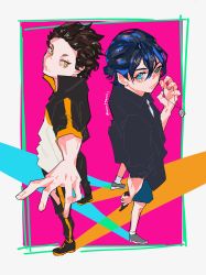 Rule 34 | 2boys, absurdres, ajiro shinpei, black footwear, black hair, black jacket, black pants, black shirt, blue eyes, blue shorts, border, closed mouth, collared shirt, crossover, from above, full body, gun, hair between eyes, hand up, handgun, heterochromia, highres, holding, holding gun, holding jewelry, holding necklace, holding weapon, jacket, jewelry, looking at viewer, male focus, mintgumis, multiple boys, natsuki subaru, necklace, outstretched arm, pants, pink background, power connection, re:zero kara hajimeru isekai seikatsu, seashell, shell, shell necklace, shirt, shoes, short hair, shorts, standing, summertime render, trait connection, weapon, white border, white shirt, yellow eyes
