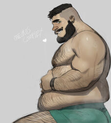 Rule 34 | 1boy, absurdres, arm hair, ass, bara, beard, big belly, boxers, chest hair, ear piercing, eli (philipposole), facial hair, fat, fat man, feeling body hair, from side, green male underwear, grin, hairy, hand on own stomach, heart, highres, large pectorals, leg hair, looking at viewer, looking to the side, male focus, male underwear, mature male, muscular, muscular male, navel hair, obese, original, pectorals, philipposole, piercing, seductive smile, short hair, smile, solo, steaming body, sweat, thick eyebrows, thick mustache, undercut, underwear, very sweaty