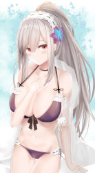 Rule 34 | 1girl, absurdres, adapted costume, alternate costume, arm support, azur lane, bikini, blush, braid, breasts, choker, cleavage, closed mouth, collarbone, commentary request, crown braid, dunkerque (azur lane), dunkerque (summer sucre) (azur lane), earrings, flower, flying sweatdrops, front-tie bikini top, front-tie top, grey hair, groin, hair between eyes, hair flower, hair ornament, hairband, hand up, highres, jewelry, large breasts, long hair, looking at viewer, navel, pink eyes, ponytail, purple bikini, ru zhai, see-through, shirt, sidelocks, sitting, solo, stomach, swimsuit, thighs, white shirt