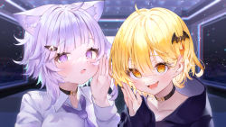Rule 34 | 2girls, :d, absurdres, ahoge, animal ear fluff, animal ears, bat hair ornament, black choker, blonde hair, blurry, blurry background, blush, cat ears, choker, collared shirt, commentary request, fang, food-themed hair ornament, hair between eyes, hair ornament, highres, hololive, indoors, long sleeves, looking at viewer, multiple girls, necktie, nekomata okayu, nekomata okayu (oversized shirt), onigiri hair ornament, open mouth, purple eyes, purple hair, purple necktie, rin31153336, shirt, short hair, skin fang, sleeves past wrists, smile, virtual youtuber, white shirt, yellow eyes, yozora mel