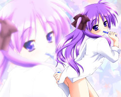 Rule 34 | 00s, 1girl, ass, bottomless, hiiragi kagami, kaishinshi, leaning forward, long hair, looking at viewer, lucky star, purple eyes, purple hair, solo, standing, twintails, zoom layer