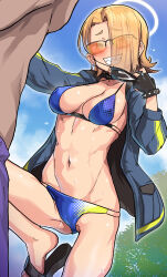 Rule 34 | 1boy, 1girl, beach, bikini, black gloves, blonde hair, blue archive, blue bikini, blue sky, blush, breasts, commentary request, day, fingerless gloves, gloves, grin, halo, highres, jacket, long sleeves, looking at viewer, mask, mask pull, medium breasts, mouth mask, navel, open clothes, open jacket, orange-tinted eyewear, outdoors, paid reward available, seaside sukeban (mg) (blue archive), sharp teeth, shinovi, sky, smile, solo focus, spiked gloves, spread legs, sunglasses, sweat, swimsuit, teeth, tinted eyewear