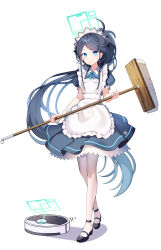 Rule 34 | 1girl, absurdres, apron, aqua halo, aris (blue archive), aris (maid) (blue archive), black footwear, blue archive, blue eyes, broom, closed mouth, green halo, halo, highres, holding, holding broom, long hair, looking at viewer, maid, maid apron, maid headdress, official alternate costume, pantyhose, ponytail, rectangular halo, shoes, simple background, smile, sob (submar1089), standing, very long hair, white background, white pantyhose