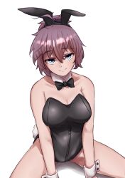Rule 34 | 1girl, absurdres, alternate costume, animal ears, aoba (kancolle), bare legs, black bow, black bowtie, black leotard, bow, bowtie, breasts, detached collar, green eyes, highres, ikadamo, kantai collection, leotard, medium breasts, messy hair, pantyhose, playboy bunny, ponytail, purple hair, rabbit ears, rabbit tail, scrunchie, simple background, smile, solo, strapless, strapless leotard, tail, white background, zipper