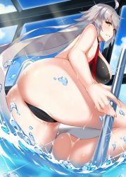 Rule 34 | 1girl, ahoge, ass, bikini, breasts, cameltoe, cloud, cloudy sky, commentary request, dean (momodean), fate/grand order, fate (series), grey hair, highres, indoors, jeanne d&#039;arc alter (swimsuit berserker) (fate), jeanne d&#039;arc (fate), jeanne d&#039;arc alter (fate), jeanne d&#039;arc alter (swimsuit berserker) (fate), large breasts, long hair, parted lips, pool, pool ladder, rei no pool, sky, smile, solo, swimsuit, tsurime, water, window, yellow eyes