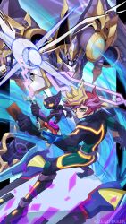 3boys absurdres accesscode_talker accode_talker_@ignister ai_(yu-gi-oh!) artist_name black_skin blonde_hair bodysuit brown_hair card colored_skin deck_of_cards duel_disk duel_monster energy_sword fujiki_yusaku green_bodysuit green_eyes highres holding holding_card hoverboard multicolored_hair multiple_boys playmaker_(yu-gi-oh!) purple_hair short_hair spiked_hair sword trading_card weapon yu-gi-oh! yu-gi-oh!_vrains zealmaker