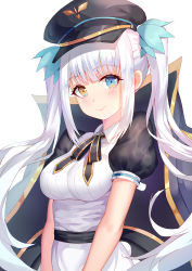 Rule 34 | 1girl, aaeru, apron, black coat, black dress, black hat, black ribbon, blue eyes, blush, breasts, closed mouth, coat, collared dress, dress, epaulettes, floating hair, frilled apron, frills, gold trim, hair ornament, hat, head tilt, heterochromia, highres, jacket, jacket on shoulders, kagura gumi, kagura mea, long hair, looking at viewer, medium breasts, neck ribbon, open clothes, open coat, peaked cap, puffy short sleeves, puffy sleeves, ribbon, short sleeves, sidelocks, simple background, smile, solo, twintails, upper body, v arms, virtual youtuber, white apron, white background, white hair, yellow eyes