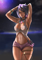 Rule 34 | 1girl, :q, armpits, arms behind head, arms up, atorot, bare arms, black eyes, black hair, bracelet, breasts, bright pupils, cleavage, cowboy shot, creatures (company), curvy, dark-skinned female, dark skin, earrings, elite four, game freak, gem, highres, island kahuna, jewelry, licking lips, lipstick, looking at viewer, makeup, medium breasts, navel, necklace, night, night sky, nintendo, no bra, ocean, olivia (pokemon), outdoors, pink lips, pink shorts, pokemon, pokemon sm, short shorts, shorts, sideboob, sky, smile, solo, star (sky), starry sky, strap gap, sweat, thigh strap, tongue, tongue out, trial captain, water, wet, wide hips