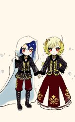Rule 34 | 1boy, 1girl, absurdres, alcryst (fire emblem), blonde hair, blue hair, chibi, citrinne (fire emblem), closed mouth, feather hair ornament, feathers, fire emblem, fire emblem engage, hair ornament, highres, jacket, long skirt, long sleeves, mu tu bu, nintendo, official alternate costume, red eyes, short hair, skirt, white background