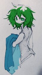 Rule 34 | 1other, androgynous, blue jacket, closed mouth, colored skin, graphite (medium), green eyes, green hair, grey shirt, highres, jacket, len&#039;en, ling s, looking at viewer, medium hair, mixed media, no nose, other focus, shirt, shitodo aoji, sketch, sleeveless, sleeveless shirt, solo, traditional media, unworn jacket, upper body, white background, white skin