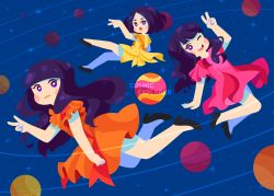 Rule 34 | 3girls, :3, :d, :o, album name, a~chan, bad id, bad pixiv id, black footwear, blush, closed mouth, commentary, cosmic explorer, dress, eggloaf, english commentary, full body, kashiyuka, long hair, looking to the side, multiple girls, night, night sky, nocchi (perfume), open mouth, orange dress, perfume (band), pink dress, planet, purple hair, round teeth, short hair, short sleeves, sky, smile, teeth, v, yellow dress