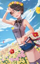 Rule 34 | 1girl, absurdres, black thighhighs, blue eyes, blue shorts, blue sky, blush, breasts, cloud, cropped shirt, field, flower, flower field, grey shirt, haru yu, head wreath, highres, hololive, looking at viewer, medium breasts, nail polish, navel, official alternate costume, one eye closed, oozora subaru, oozora subaru (work), shirt, short shorts, shorts, sky, sleeveless, sleeveless shirt, smile, solo, striped clothes, striped shirt, suspender shorts, suspenders, teeth, thighhighs, upper teeth only, vertical-striped clothes, vertical-striped shirt, virtual youtuber, yellow nails