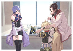 Rule 34 | 1girl, 2boys, aqua (kingdom hearts), armor, arms behind head, asymmetrical armor, bike shorts, black corset, blonde hair, blue eyes, blue hair, board game, borrowed clothes, brown hair, chess, chess piece, chessboard, chest harness, coat, commentary request, corset, cropped jacket, detached sleeves, facing away, facing to the side, fingerless gloves, furrowed brow, gloves, gogo (detteiu de), green gloves, green pants, hakama, hakama pants, hand on lap, hand on own face, hands up, harness, hood, hood down, hooded coat, indoors, japanese clothes, kingdom hearts, kingdom hearts birth by sleep, kingdom hearts iii, knee up, legs together, light particles, long sleeves, looking at another, looking to the side, master eraqus, multiple boys, pants, parted bangs, pauldrons, short sleeves, shoulder armor, single pauldron, sitting, smile, spiked hair, standing, sunlight, sweatdrop, terra (kingdom hearts), thighhighs, turtleneck, ventus (kingdom hearts), waist cape, window, wristband