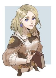 Rule 34 | 1girl, blonde hair, book, brown dress, commentary, dress, earrings, fire emblem, fire emblem: three houses, fire emblem warriors, fire emblem warriors: three hopes, frills, highres, holding, holding book, jewelry, lips, looking at viewer, medium hair, mercedes von martritz, nintendo, official alternate hairstyle, parted lips, pink lips, purple eyes, radiostarkiller, smile, solo