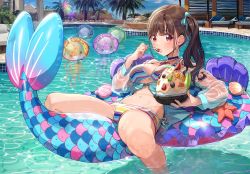 Rule 34 | 1girl, beach chair, bikini, breasts, brown eyes, brown hair, choker, cleavage, commentary request, dessert, eating, food, fruit, highres, inflatable raft, inflatable toy, joey koguma, large breasts, layered bikini, multicolored bikini, multicolored clothes, navel, original, palm tree, pillow, pool, shaved ice, side-tie bikini bottom, side ponytail, solo, swimsuit, thighs, tree, wading, water, wet