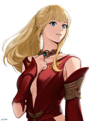 Rule 34 | 1girl, absurdres, blonde hair, blue eyes, breasts, center opening, collarbone, earrings, final fantasy, final fantasy xiv, glint, hand on own chest, highres, hyur, jewelry, large breasts, light particles, long hair, looking away, lyse hext, necklace, ponytail, ppower (lu power), simple background, solo, sparkle, upper body, white background