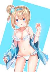 Rule 34 | 1girl, absurdres, bad id, bad pixiv id, bare shoulders, bikini, blue background, blue eyes, blue hairband, blue jacket, blush, breasts, cleavage, collarbone, commentary, frilled bikini, frills, girls&#039; frontline, hair between eyes, hair bun, hair ornament, hairband, hand up, head tilt, highres, jacket, light brown hair, long sleeves, looking at viewer, mamel 27, medium breasts, navel, off shoulder, official alternate costume, one side up, outline, parted lips, side bun, sidelocks, single hair bun, single side bun, sleeves past wrists, snowflake hair ornament, solo, suomi (girls&#039; frontline), suomi (midsummer pixie) (girls&#039; frontline), swimsuit, two-tone background, white background, white bikini, white outline