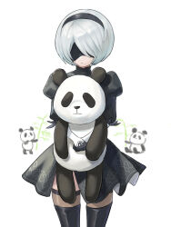 Rule 34 | 1girl, 2b (nier:automata), arinsu (kodamamaimai), black blindfold, black dress, black hairband, black thighhighs, blindfold, boots, covered eyes, dress, feather-trimmed sleeves, feather trim, gloves, hairband, holding, holding stuffed toy, juliet sleeves, long sleeves, mole, mole under mouth, nier:automata, nier (series), panda, puffy sleeves, short hair, solo, stuffed animal, stuffed panda, stuffed toy, thighhighs, thighhighs under boots, white hair