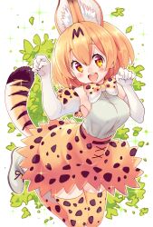 Rule 34 | 1girl, :d, animal ear fluff, animal ears, arm up, blonde hair, blush stickers, bow, bowtie, breasts, brown bow, brown bowtie, brown eyes, brown skirt, brown thighhighs, commentary request, elbow gloves, gloves, hair between eyes, hand up, kemono friends, kusumoto shizuru, looking at viewer, medium breasts, open mouth, paw pose, print bow, print bowtie, print skirt, print thighhighs, serval (kemono friends), shirt, shoes, simple background, skirt, sleeveless, sleeveless shirt, smile, solo, striped tail, tail, thighhighs, white background, white bow, white bowtie, white footwear, white gloves, white shirt