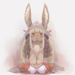 Rule 34 | 1other, :3, androgynous, animal ears, artist name, barefoot, blonde hair, blunt bangs, blush, chinese commentary, claws, commentary request, fake horns, full body, furry, hands on own thighs, helmet, highres, horizontal pupils, horned helmet, horns, looking at viewer, made in abyss, nanachi (made in abyss), open mouth, pants, pelt, pouch, rabbit ears, sidelocks, signature, sionnn, sitting, solo, straight-on, topless, wariza, whiskers, white background, yellow eyes