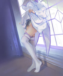 Rule 34 | 10s, 1girl, bad id, bad pixiv id, breasts, clothes lift, curtains, dutch angle, emilia (re:zero), head out of frame, indoors, kage (pixiv 4072555), lifting own clothes, no shoes, panties, pantyshot, re:zero kara hajimeru isekai seikatsu, see-through, skirt, skirt lift, solo, standing, thighhighs, underwear, wide sleeves, window