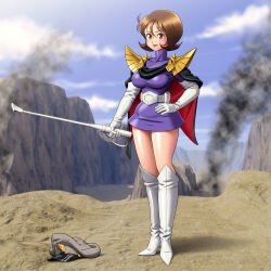 Rule 34 | 1girl, blue sky, brown eyes, brown hair, cloud, commentary, corruption, cosplay, dark persona, elbow gloves, enkaboots, fraw bow, gloves, gundam, hand on own hip, highres, holding, holding staff, kycilia zabi, kycilia zabi (cosplay), mobile suit gundam, mountainous horizon, open mouth, outdoors, shadow, short hair, sky, smoke, staff, standing, translated