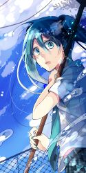 Rule 34 | 1girl, absurdres, akinai ari, bad id, bad pixiv id, chain-link fence, cloud, fence, green eyes, green hair, hatsune miku, highres, matching hair/eyes, nail polish, open mouth, sky, solo, twintails, vocaloid