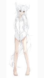 Rule 34 | 1girl, animal ears, bare legs, barefoot, dress shirt, expressionless, extra ears, feet, fox ears, fox girl, fox tail, full body, highres, long hair, long sleeves, no pants, original, shirt, simple background, sleeves past fingers, sleeves past wrists, standing, sumishi (sumisi 3), tail, toenails, toes, white background, white hair, white shirt, white theme