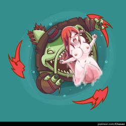 Rule 34 | 1girl, bestiality, breasts, cunnilingus, gameplay mechanics, hat, highres, ink (inksgirls), large breasts, league of legends, long hair, midriff, miss fortune (league of legends), navel, nude, open mouth, oral, red hair, solo, stomach, tahm kench, tongue, top hat