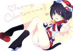 Rule 34 | 1boy, animal ears, asymmetrical footwear, bell, belt, black hair, black socks, bulge, cat boy, cat ears, cat tail, drag0nia, english text, fang, foreshortening, green eyes, hat, heart, jingle bell, looking at viewer, male focus, merry christmas, mismatched footwear, open mouth, original, shoe dangle, short hair, simple background, slippers, socks, solo, tail, white background