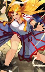 Rule 34 | 1girl, :d, arm up, bare legs, blonde hair, blue skirt, breasts, buruma, chain, clenched hand, collarbone, cuffs, feet out of frame, horns, hoshiguma yuugi, large breasts, long hair, looking at viewer, open mouth, puffy short sleeves, puffy sleeves, red eyes, rock, scottie (phantom2), see-through, shackles, shirt, short sleeves, sidelocks, single horn, skirt, smile, solo, standing, striped clothes, striped skirt, thighs, touhou, touhou cannonball, v-shaped eyebrows, vertical-striped clothes, vertical-striped skirt, white shirt