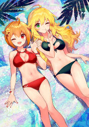 Rule 34 | 2girls, ;), ;d, ahoge, ainy, bare arms, bare shoulders, bikini, blonde hair, blush, breasts, cleavage, cleavage cutout, clothing cutout, feet out of frame, finger to mouth, flower, green bikini, green eyes, hair between eyes, hair flower, hair ornament, hand up, hoshii miki, ibuki tsubasa, idolmaster, idolmaster (classic), idolmaster million live!, long hair, looking at viewer, lying, medium breasts, multiple girls, nail polish, navel, on back, one eye closed, open mouth, orange hair, red bikini, red eyes, red nails, short hair, smile, stomach, swimsuit, thighs, twitter username, yellow flower