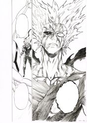 Rule 34 | 1boy, absurdres, blood, blood on face, bodysuit, cleaned, garou (one-punch man), greyscale, grin, gyoro gyoro, highres, mismatched sclera, monochrome, murata yuusuke, numbered, official art, one-punch man, scan, scar, scar on face, smile, torn bodysuit, torn clothes, traditional media