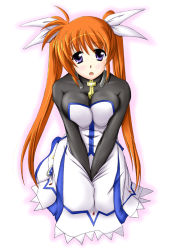 Rule 34 | 00s, 1girl, blush, breasts, brown hair, cleavage, kneeling, large breasts, long hair, lyrical nanoha, magical girl, mahou shoujo lyrical nanoha, mahou shoujo lyrical nanoha strikers, purple eyes, sakura yuu, solo, takamachi nanoha, twintails