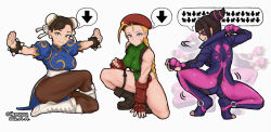 Rule 34 | 3girls, afterimage, antenna hair, arrow (symbol), ass, ass shake, beret, biker clothes, bikesuit, black footwear, black hair, blonde hair, blue dress, blue eyes, bodysuit, boots, bracelet, breasts, brown eyes, brown hair, bun cover, cammy white, capcom, chibi, china dress, chinese clothes, chun-li, clenched hand, combat boots, dated, double bun, dress, eyepatch, facial scar, facing away, facing viewer, fingerless gloves, from behind, full body, gameplay mechanics, gloves, green leotard, hair bun, hair horns, han juri, hat, hershuar, highleg, highleg leotard, jewelry, knee boots, leotard, looking at viewer, medium breasts, multiple girls, on one knee, outstretched arms, pantyhose, pink bodysuit, popped collar, purple bodysuit, red headwear, scar, scar on cheek, scar on face, skin tight, speech bubble, spiked bracelet, spikes, squatting, street fighter, street fighter v, thick thighs, thighs, toeless legwear, twitter username, two-tone bodysuit, white background, white footwear