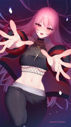 Rule 34 | 1girl, artist name, black leggings, blush, breasts, commentary, english commentary, hair spread out, halterneck, highres, hololive, hololive english, jewelry, leggings, long hair, medium breasts, mori calliope, nanoless, navel, necklace, open hands, open mouth, pink hair, red eyes, smile, solo, underboob, virtual youtuber