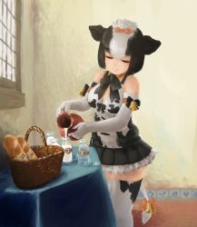 Rule 34 | 1girl, animal ears, animal print, aoi suzu (kurone), bare shoulders, basket, bell, black hair, black skirt, bottle, bow, bowtie, bread, closed eyes, cow ears, cow girl, cow print, cow tail, day, detached collar, drink, elbow gloves, eyelashes, feet out of frame, fine art parody, food, frilled skirt, frills, gloves, hair between eyes, hair bow, highres, holstein friesian cattle (kemono friends), indoors, kemono friends, lips, medium hair, microskirt, milk, milk bottle, multicolored hair, parody, pouring, print gloves, print shirt, print thighhighs, shirt, skirt, sleeveless, sleeveless shirt, solo, standing, table, tablecloth, tail, the milkmaid, thighhighs, two-tone hair, white hair, window, zettai ryouiki