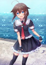 Rule 34 | 1girl, ahoge, black gloves, black serafuku, black shirt, black skirt, black thighhighs, blue sky, bow, braid, brown hair, day, eyebrows hidden by hair, fingerless gloves, frilled sailor collar, frilled shirt, frilled skirt, frills, gloves, hair between eyes, hair bow, hair flaps, hair ornament, hair over shoulder, horizon, ittokyu, kantai collection, lace, lace-trimmed legwear, lace trim, long hair, necktie, ocean, outdoors, pleated skirt, red bow, red necktie, sailor collar, school uniform, serafuku, shigure (kancolle), shigure kai ni (kancolle), shirt, short sleeves, signature, skirt, sky, solo, sparkle, standing, thighhighs, water, white sailor collar